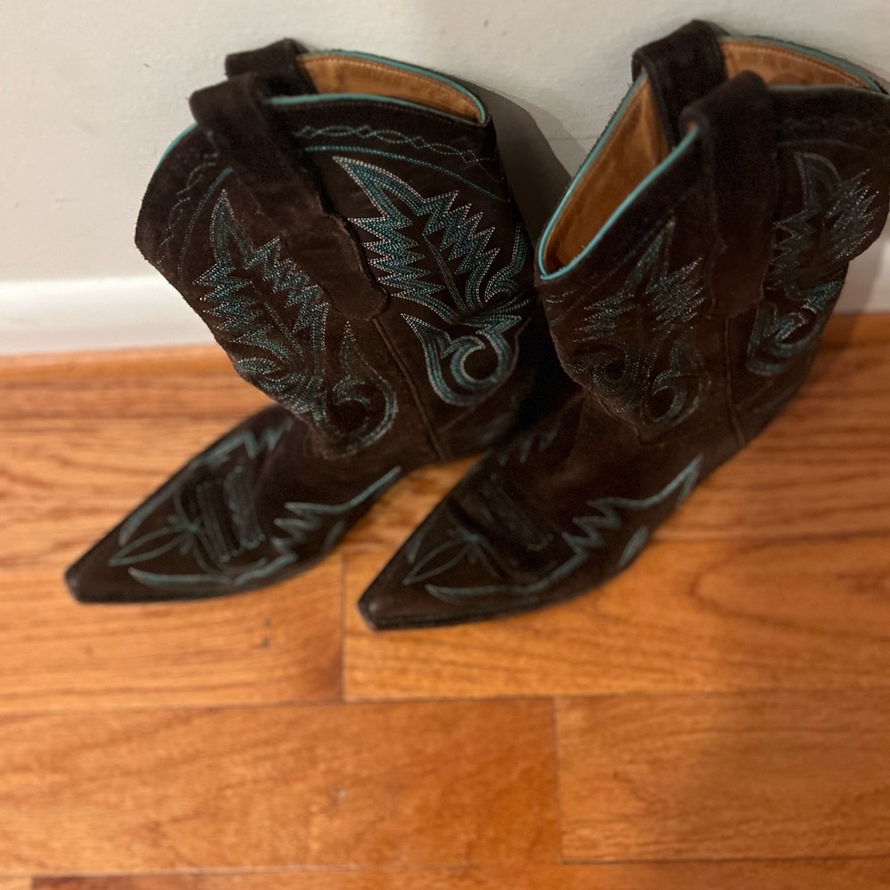 Brown suede cowboy boots with teal stitching